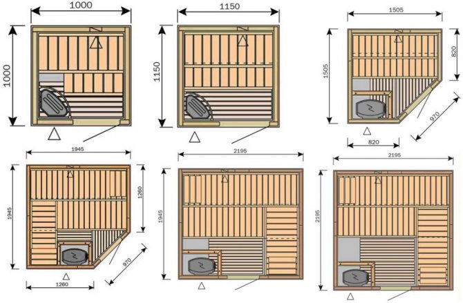 Монтажные размеры различных вариантов кабинок с размерами стенок от 1 до 2,19 м