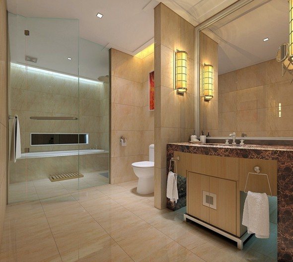 Зонирование пространства в ванной с помощью освещения